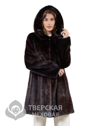 Норковая шуба "Балетка" капюшон махагон